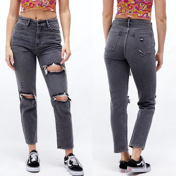 PacSun Denim - PacSun NWT Street Gray Ripped Distressed Destroyed High Rise Mom Jeans 29